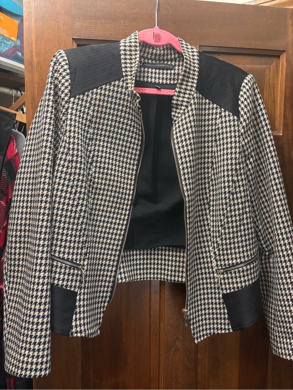 WHBM Houndstooth Zip-Front Moto Jacket